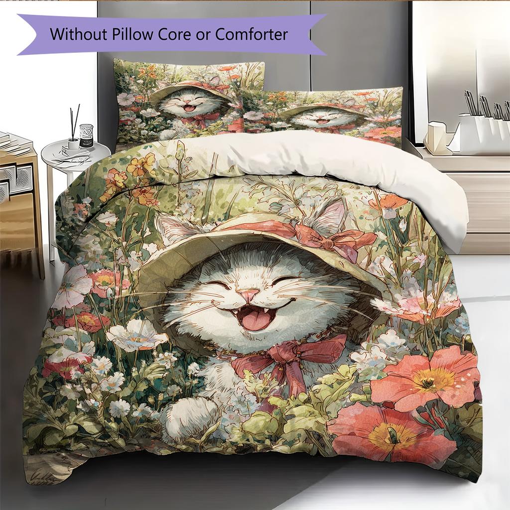 Cat with Vintage Hat Pattern Bedding Quilt Set Home Decoration Gift (1 * duvet cover + 2 * pillowcase, without core)