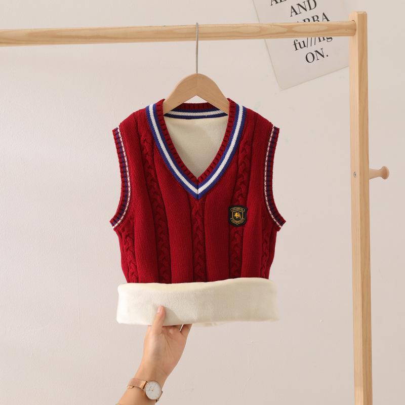 Kids' Preppy Fleece-Lined Vest - Warm School Uniform Sweater for Boys and Girls
