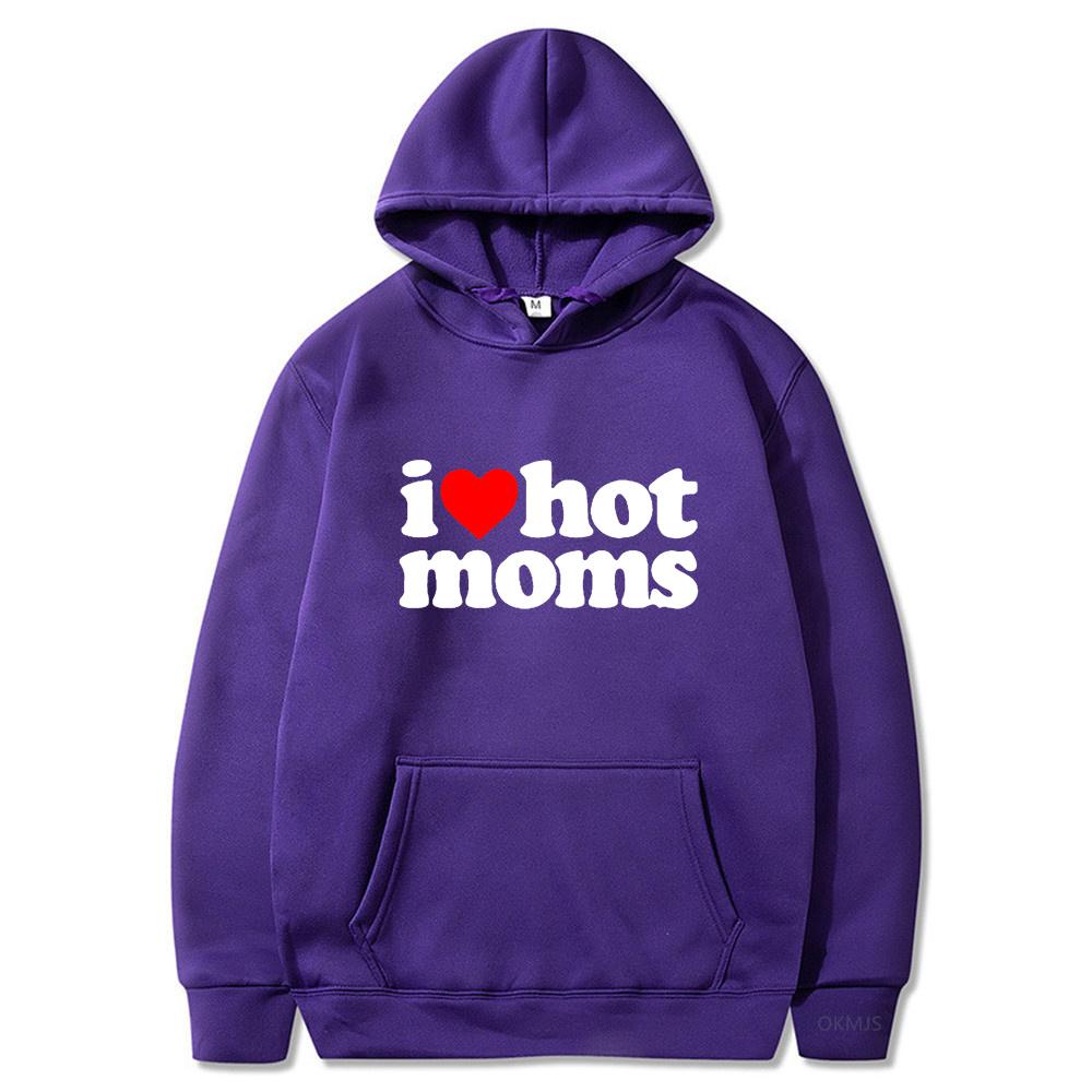 Толстовки унисекс с капюшоном I Love Hot Moms, забавные толстовки с красным сердцем Love Moms, женская толстовка унисекс, повседневный пуловер большого размера, одежда унисекс