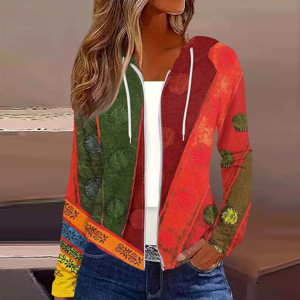 Women's Fashion Casual Zip Up Hooded Print Long Sleeve Sweatshirts Coat