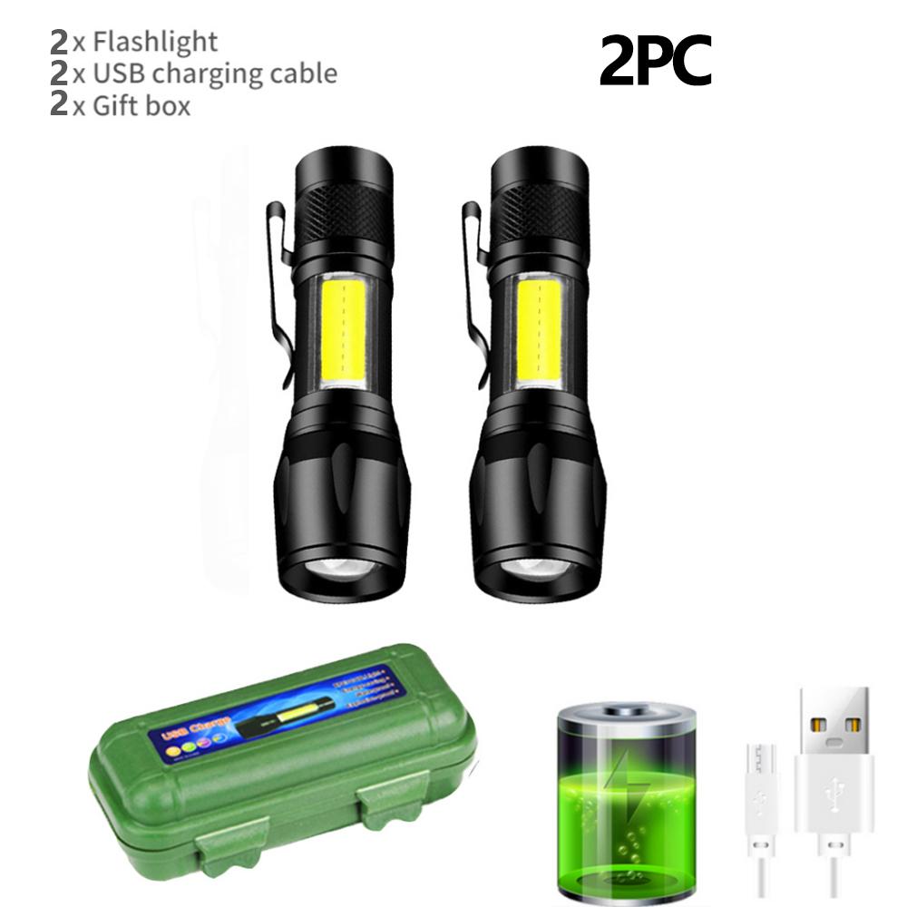 1-10PCS LED Strong Light Telescopic Zoom Flashlight COB Portable Side Light USB Rechargeable Outdoor Household Mini Flashlight