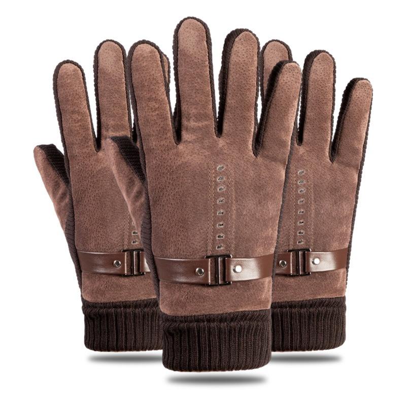 Warm Leather Gloves Knitted Splicing Pigskin Thickened and Velvet Outdoor Cycling Cold-proof Men's Autumn and Winter Touch Screen Gloves