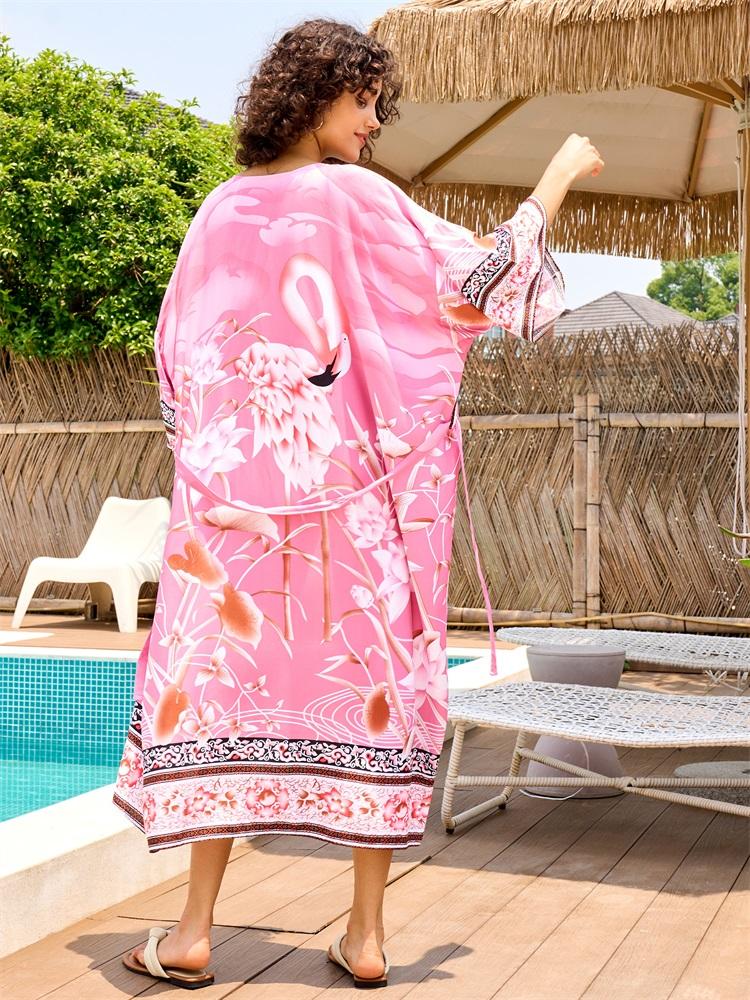 EDOLYNSA Бикини в богемном стиле с принтом, элегантное кимоно с поясом, платье-туника, лето 2024, женская пляжная одежда больших размеров, купальный костюм, накидка Q996