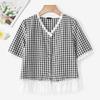 VONDA Women V Neck Short Sleeve Lace Crochet Patchwork Buttons Plaid Casual Blouse
