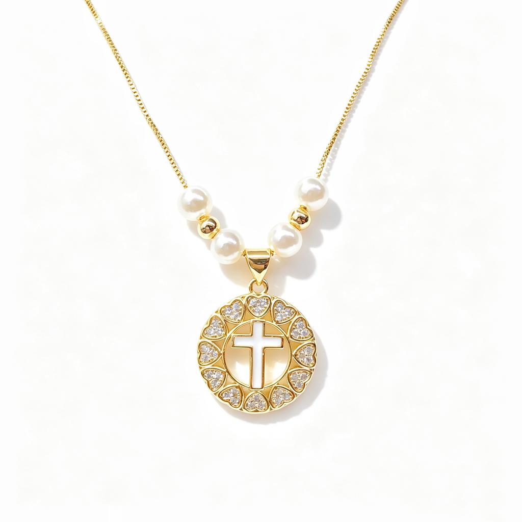 Round Square Heart-Shaped Zirconia Cross Pearl Chain Necklace Classic for Women Party Religious Adjustable Jewelry Choker