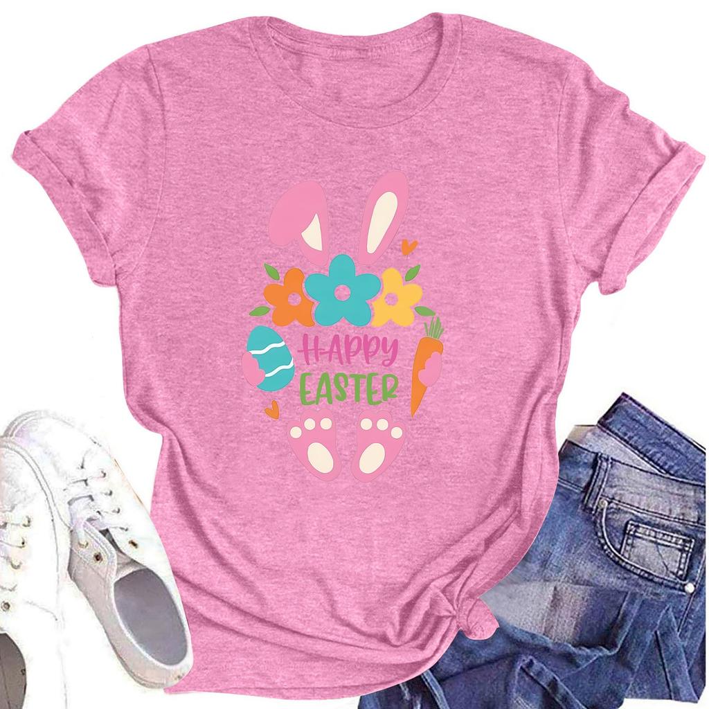 Women's Casual Short Sleeve Easter Printed Round Neck Short Sleeve T-Shirt Top