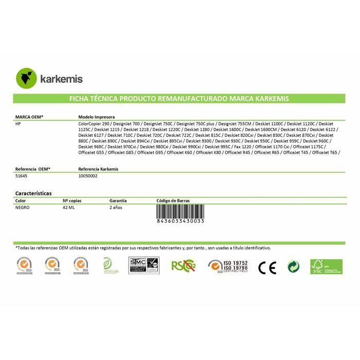 Cartouche d'encre recyclée - Karkemis - Noir - 42 ml - Compatibilité HP - Dimensions 7.5x14x4 cm
