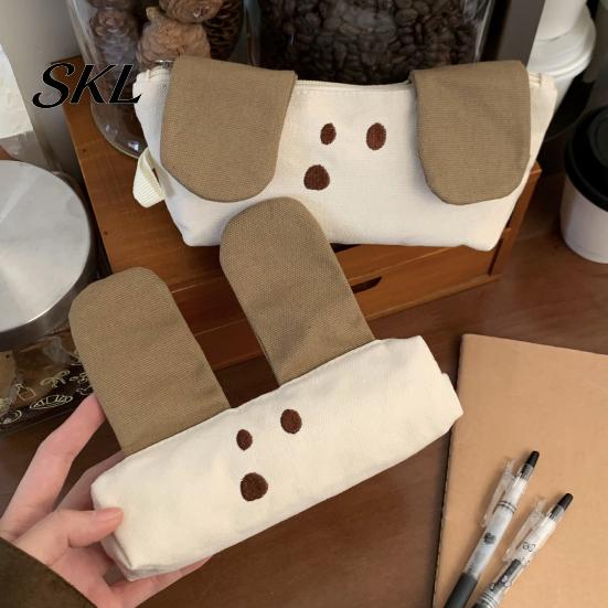 School Stationery Holder Cartoon Dog Canvas Pencil Case, Portable Large Capacity Students Case Bag, Multifunctional Office Supplies Zipper Pouch