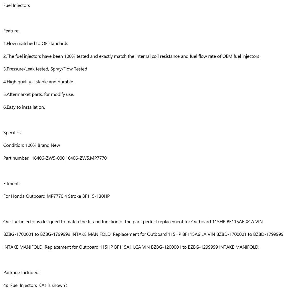 4 ШТ. 16406-ZW5-000 Топливные форсунки для подвесного мотора Honda MP7770 4-тактный BF115-130 л.с.