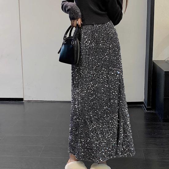 Women Skirt Solid Color Shiny Sequin Decoration Midi Skirt Elastic High Waist Back Slit Design Skirt Beach Weddings Skirt