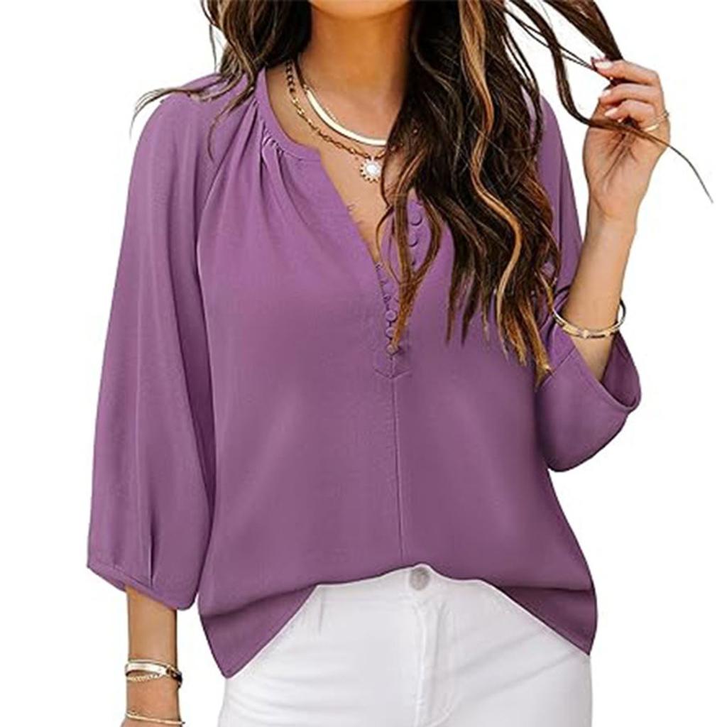 Women's Loose Casual Solid Color V-neck Seven Quarter Sleeved Button Up Shirt Button Up Shirt