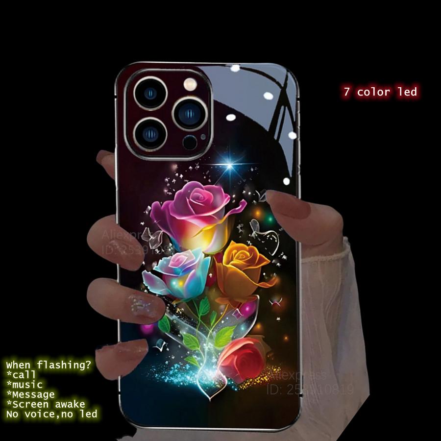 Colorful Lucky Lotus Flash Flower Phone Case For iPhone 13 Case 16 Pro Max 16e 15 11 14 13 12 XR LED Shine Carcasa Glass Cover