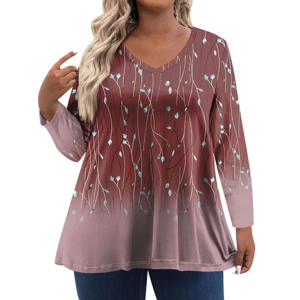 Женская футболка с винтажным цветочным принтом и V-образным вырезом, свободная, с длинным рукавом, большой размер