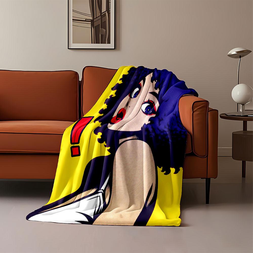 Pop art-style woman with blue curly hair, red lips, and red exclamation mark. for all seasons blanket lunch break throw gift