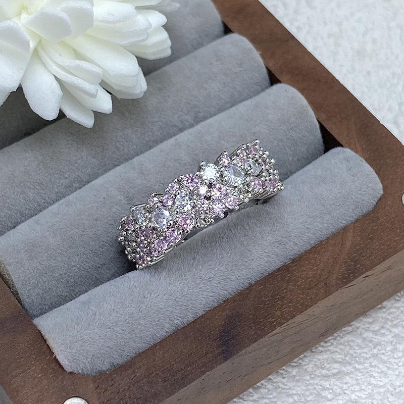 [Сломанный бриллиант Галактика] Цветной микро-инкрустированный циркон Высококлассное открытое кольцо Ряд бриллиантов Нишевый цветной сокровище Изысканное кольцо Женщина