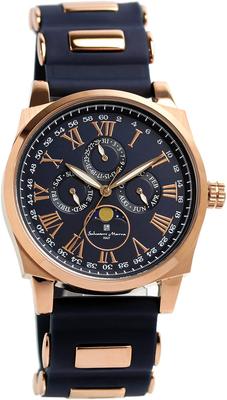 Часы Moon Phase Multi Calendar 5 ATM Водонепроницаемые Деловые Формальные Резиновый Ремень Ограниченная Модель Синий Розовое Золото [Salvatore Mara] Мужские SM22105R-PGBL