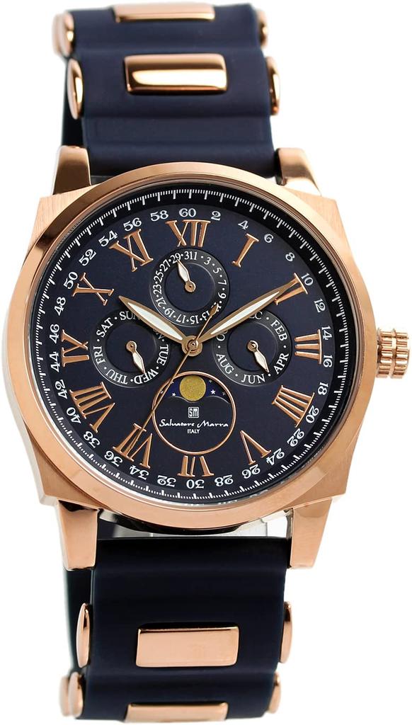 Salvatore Marra Men's Moon Phase Watch, Model SM22105, Multi-Calendar, Blue & Pink Rubber Strap, Limited Edition