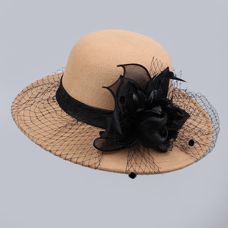 Autumn and winter new French Hepburn style tweed hat British retro felt hat mesh flower banquet top hat