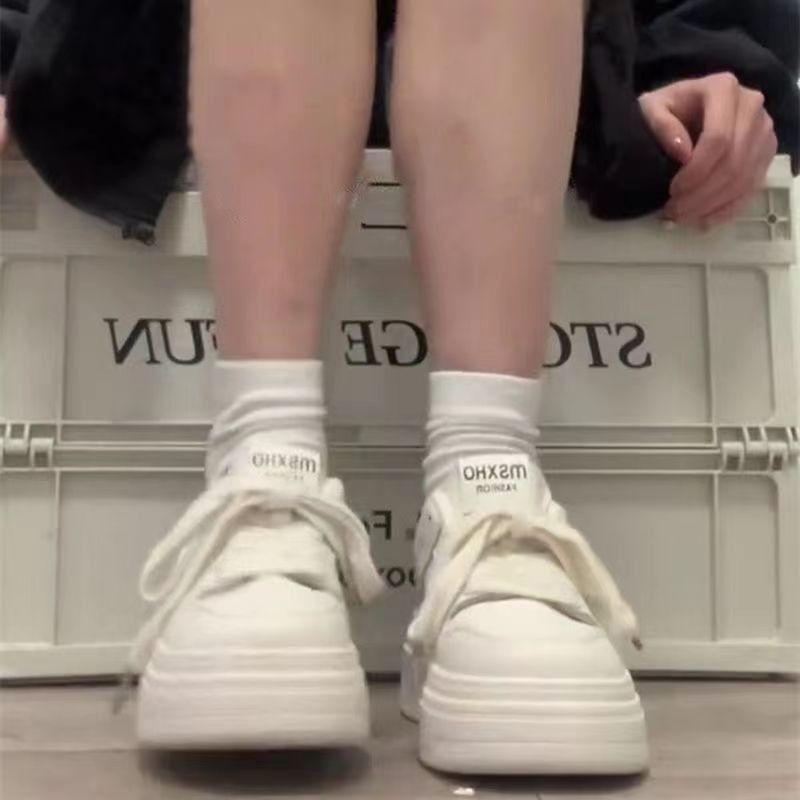 Thick Soled White Shoes for Women In Spring and Autumn, Hong Kong Style, Height Increasing, Versatile, Casual, Student Sports Shoes for Children