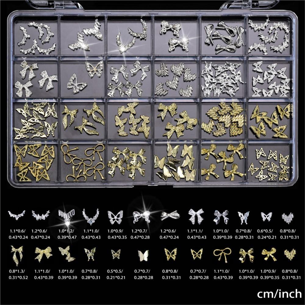 24grids Luxury Gold Silver Butterfly Bow Nail Art Gems CUte Metal Alloy Bow Ribbon Nail Art Gems Flatback Butterfly Nail Decora