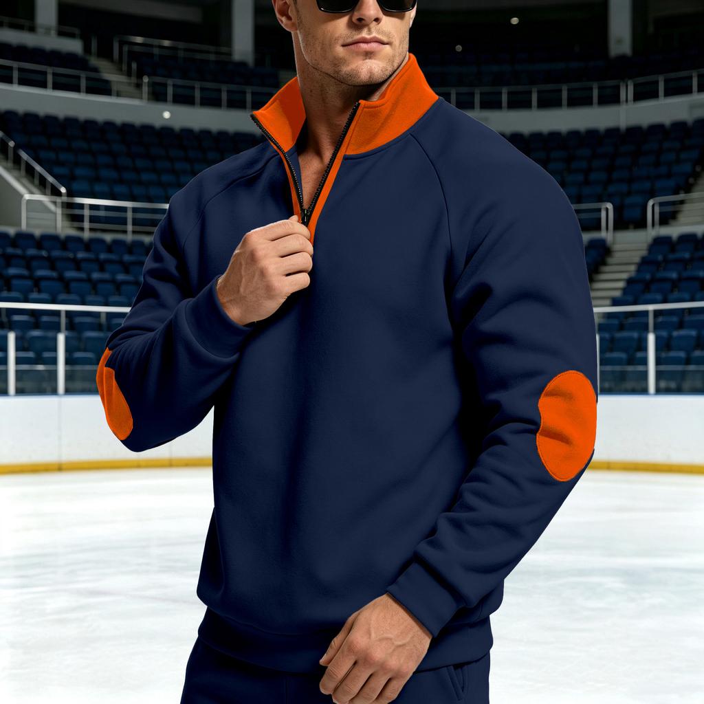 Men’s New Arrival Stand-up Collar Patchwork Long-sleeved Fleece-Lined Warm Top with Zip-up Collar Sweatshirt