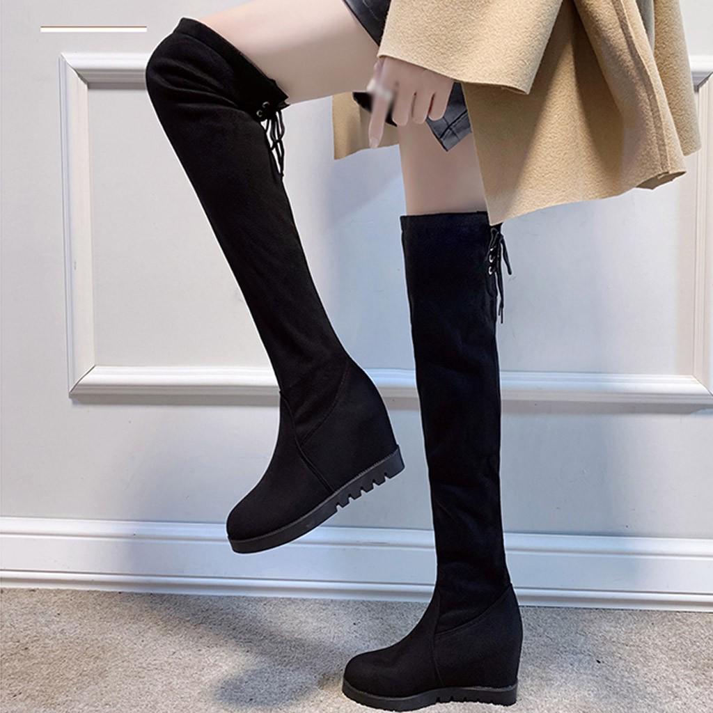 Женские теплые эластичные сапоги до колена, высокие сапоги на танкетке, студенческая обувь большого размера, ботинки