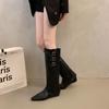Осенние ботинки женские летние новые остроносые на толстом каблуке ботфорты в стиле ретро рыцарские ботинки модная пряжка-ремень ботильоны