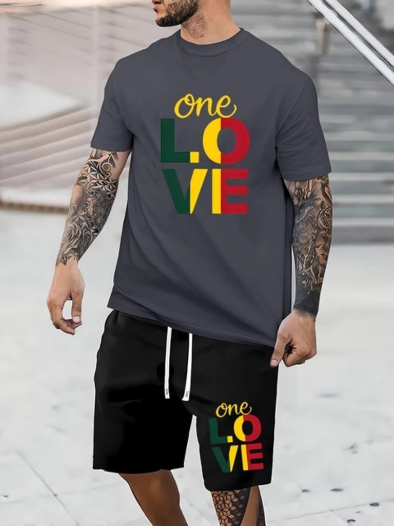 Мужские шорты с коротким рукавом One Love с монограммой, комплект, летняя повседневная мужская футболка для спорта на открытом воздухе, мужские пляжные шорты