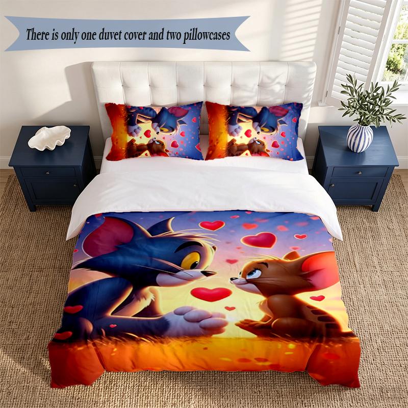 Tom and Jerry 3‑Piece Bedding Set Soft Microfiber Duvet Cover Pillowcases Comfortable Bed Linen for Bedroom Decoration