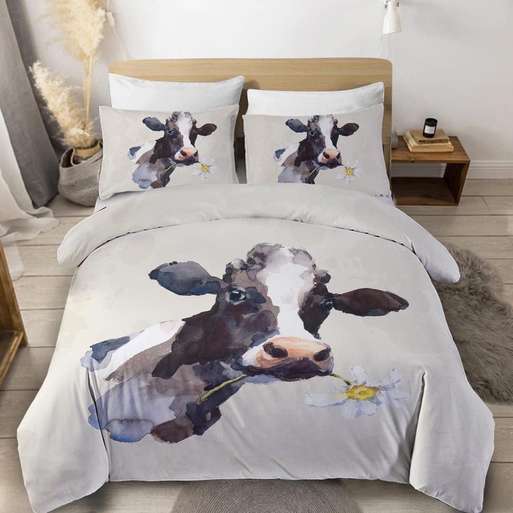 Farmer Cow Print Duvet Cover Set Oil Painting Cow Bedding Set Vintage Animals Dog Pig Chicken Printed Comforter Cover Full Size