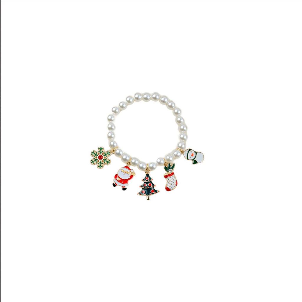 Cross-Border Cartoon Christmas Faux Pearl Reindeer and Snowman Elastic Beaded Bracelet with Bow Gift