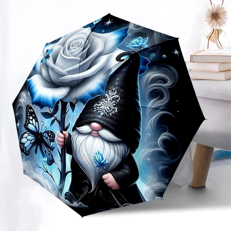 Blue Rose Butterfly Gnome: Automatic Opening Folding Umbrella with 8-Bone Iron Frame - Perfect for Fans, Travelers, Daily Use, and Festive G