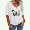Women Fashion V Collar Loose Tee Shirt Casual Butterfly Print Top Ladies Short Sleeve T-shirt