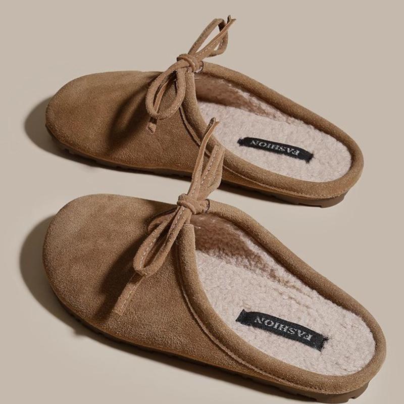 Меховые женские хлопковые тапочки на плоской подошве замшевые мюли зимняя мода с открытой пяткой женские ботинки 2025 трендовые удобные теплые туфли Mujer