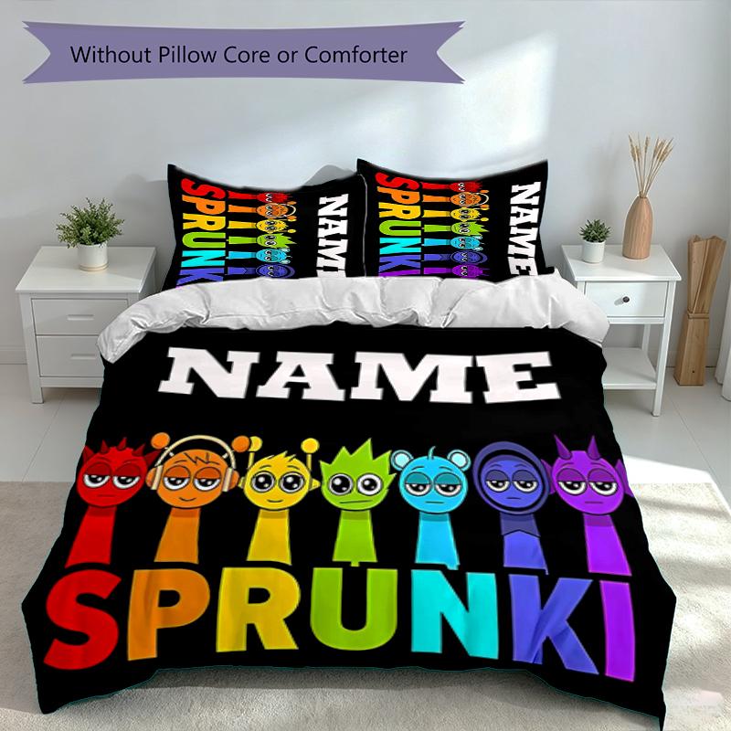3pcs Custom Name Sprunki themed Bedding Set,Includes 1 Duvet Cover and 2 Pillowcases,All-season Bedroom Decor