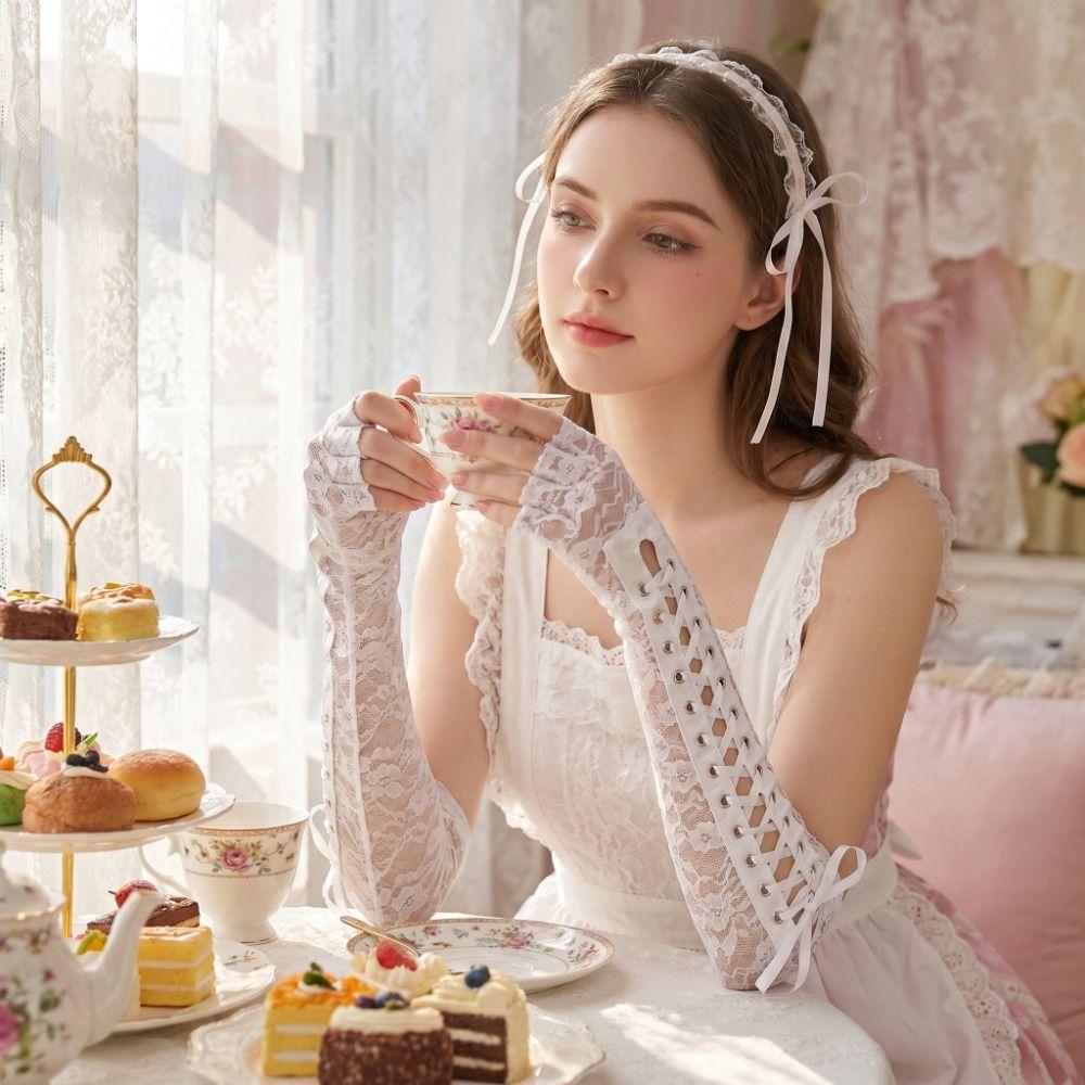 JK Lace Strap Gloves Long Gloves Elastic Women Gloves Slim Ribbon Half Finger Gloves Women