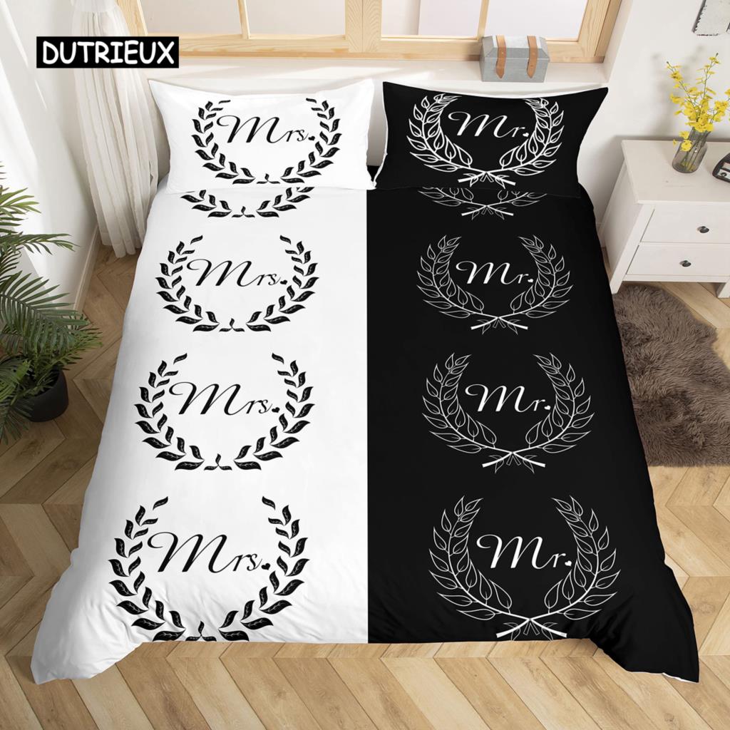 Black and White Duvet Cover Set King and Queen Bedding Set for Couple Romantic Valentine's Day Presents Polyester Duvet Cover