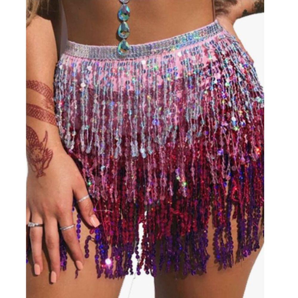 Bohemian Sequin Fringed Skirts Tassels Wrap Belts Show Dancer Skirt Women