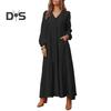 Women's Casual Maxi Dress V-Neck Loose A-Line Pleated Dress Long Sleeve Retro Cotton Linen Dress for Work Street Vacation