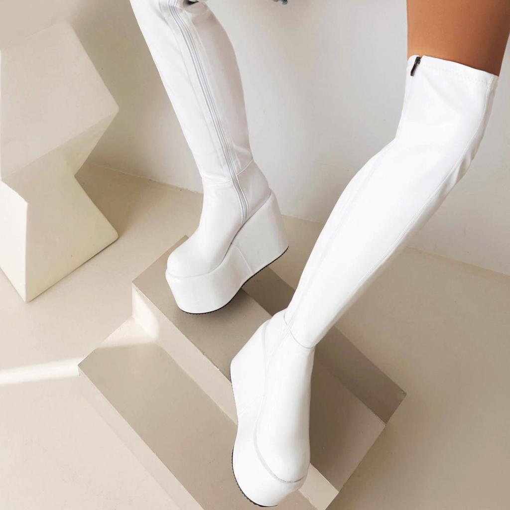 Krazing Pot PU Leather Spring Winter Keep Warm Shoes Super High Heels Waterproof Wedges Stretch Boots Zipper Women Over-the-knee Boots