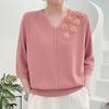 Spring Summer Women's Thin V-Neck Sweater 3D Flower Loose Fit Three-Quarter Sleeve Plus Size Sweater Solid Color Pullover Ice Silk Knit Top