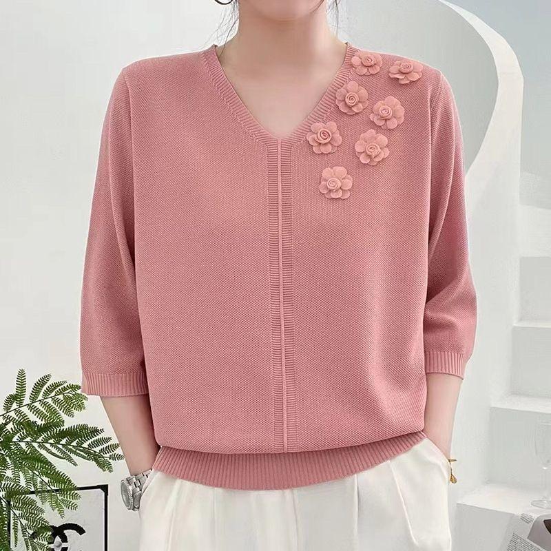 Spring Summer Women's Thin V-Neck Sweater 3D Flower Loose Fit Three-Quarter Sleeve Plus Size Sweater Solid Color Pullover Ice Silk Knit Top