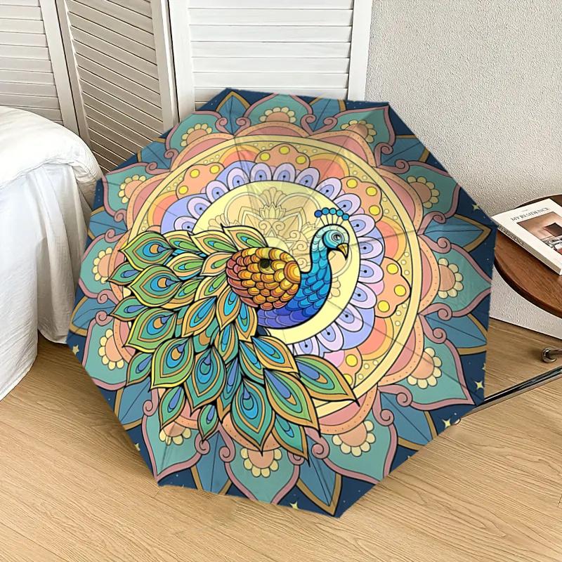 Colorful Peacock Mandala Automatic Opening Folding Umbrella - Portable 3-Fold Design with Iron Frame, Perfect for Outdoor Use, Festive Gifts
