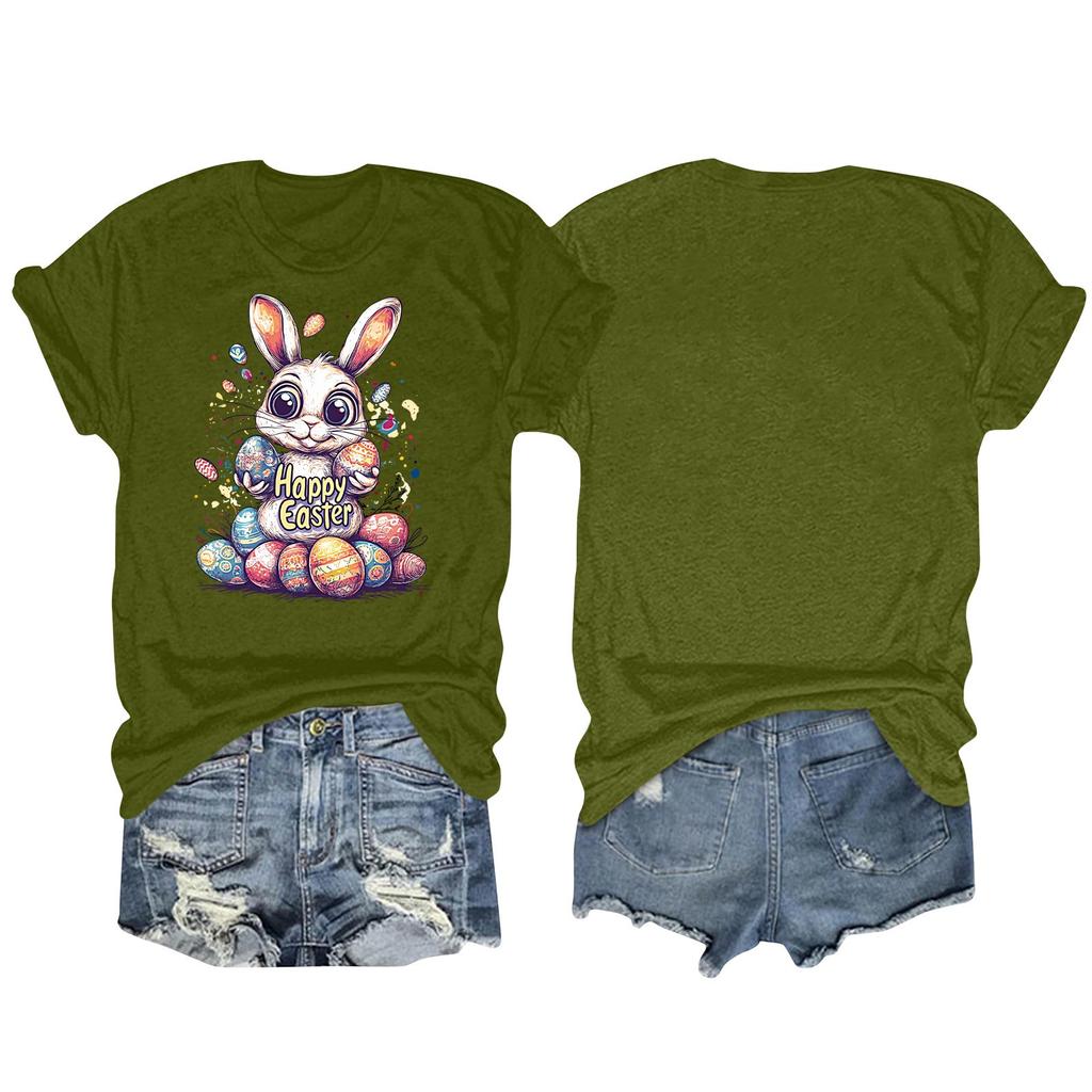 Happy Easter Women's Fashion Printed Round Neck Short Sleeve T-Shirt Pullover Top