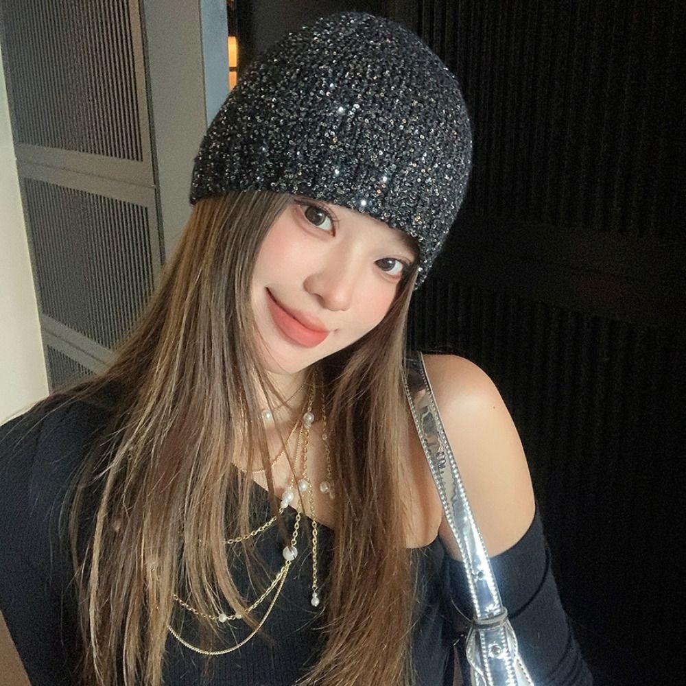 Black Bowknot Beanies Hat Warm Cap Knit Cap Retro Sequin Knitted Hat Apparel Accessories