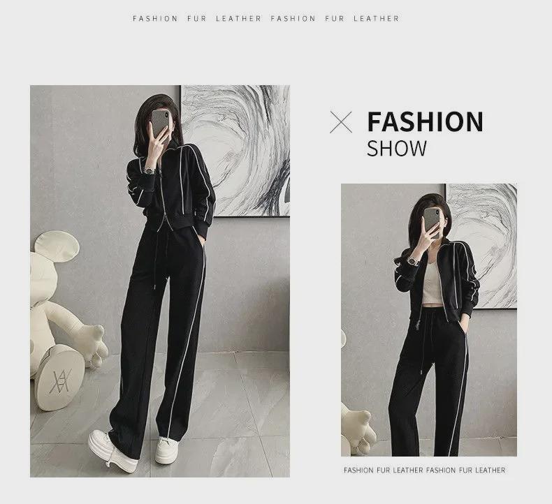 Американский стиль, модный женский приталенный пиджак на молнии и широкие брюки, костюм из двух предметов для осени и зимы