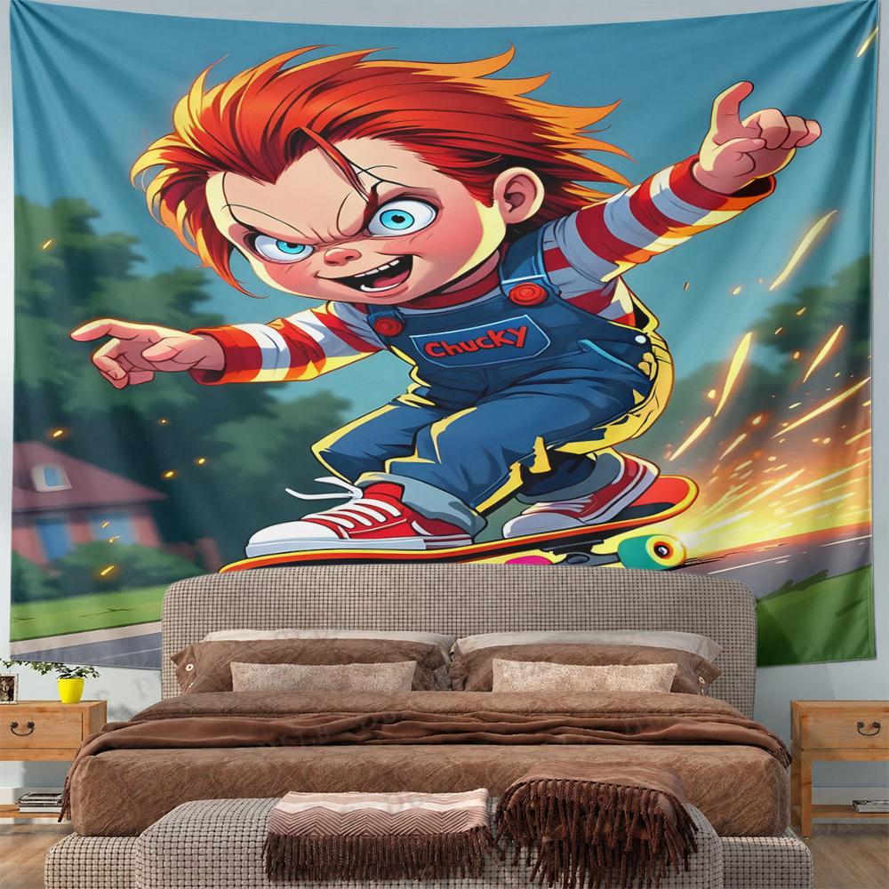 Chucky Horror Movie Doll Wall Tapestry Cartoon Anime Skateboarding Red Hair Denim Overalls on Road Decor for Bedroom Man Cave Gift