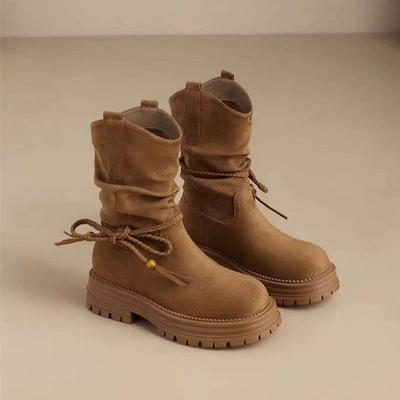 Ретро ботинки Мартин средней длины женские элегантные темпераментные плиссированные ботинки-чулки осенние новые на толстом каблуке толстой подошве тонкие ботинки