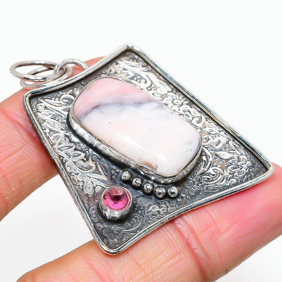 Natural Pink Opal,Pink Rubillite Gemstone 925 Sterling Silver Pendant 2.01" q1P25