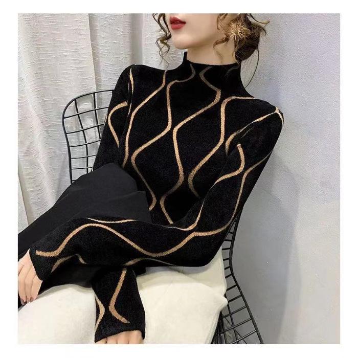 Футболка корейской коллекции осень/зима 2023 года с полувысоким воротником и бархатной подкладкой: Стильный, плотный, универсальный для внутренней и внешней одежды для женщин